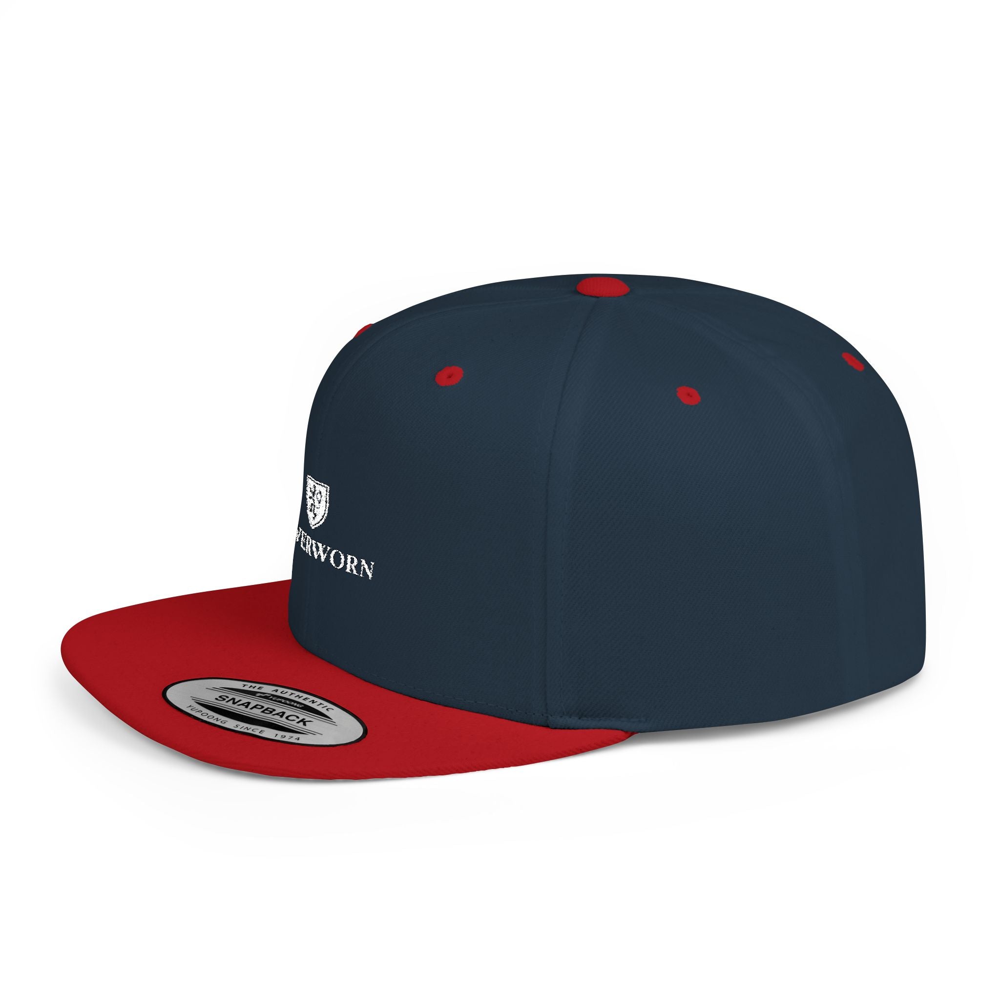 Flat Bill Snapback Hat — Leverworn Crest Embroidered Snapback Printify