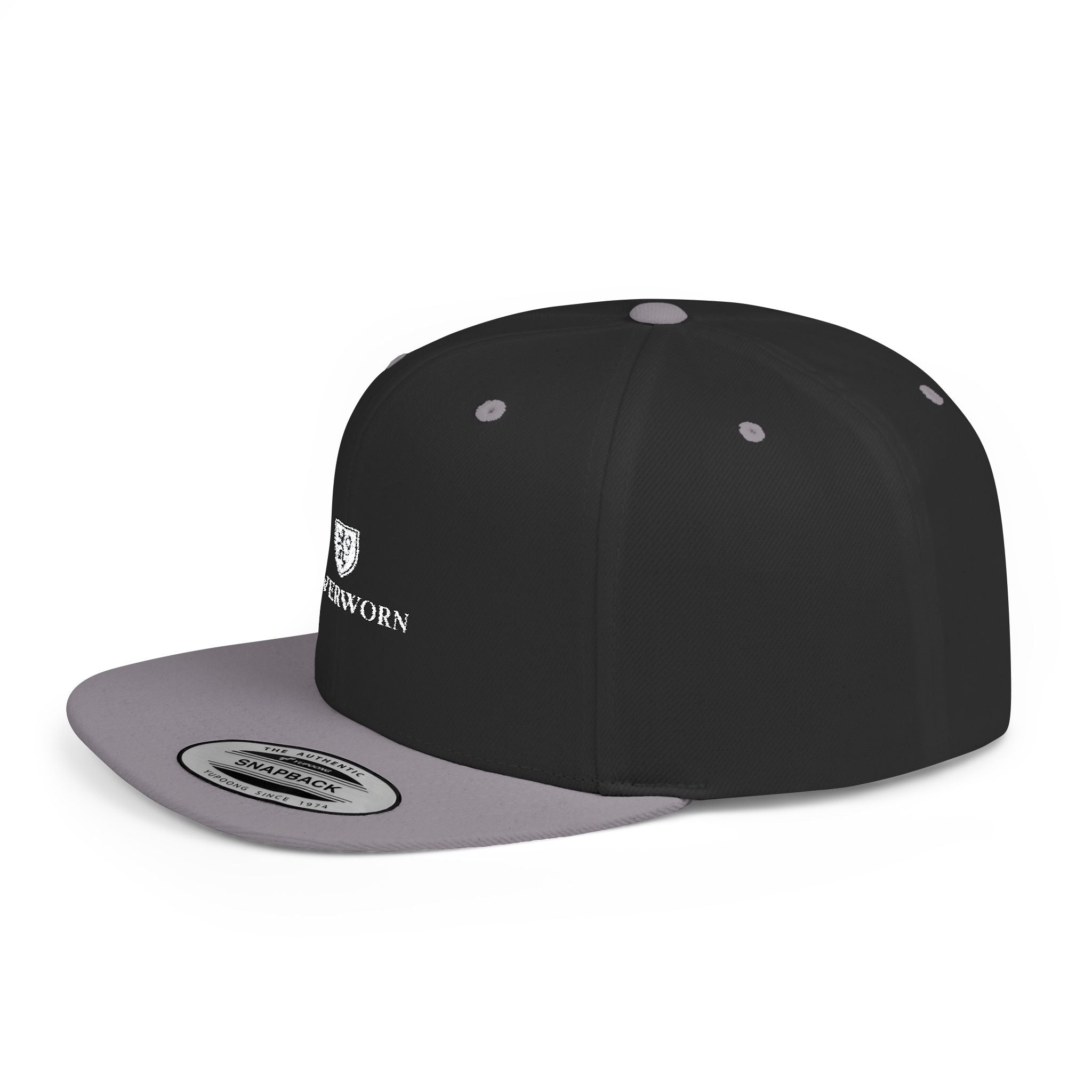 Flat Bill Snapback Hat — Leverworn Crest Embroidered Snapback Printify