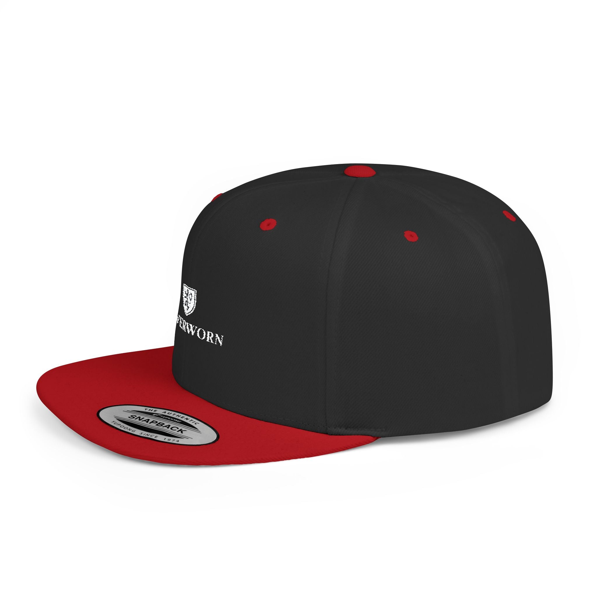 Flat Bill Snapback Hat — Leverworn Crest Embroidered Snapback Printify