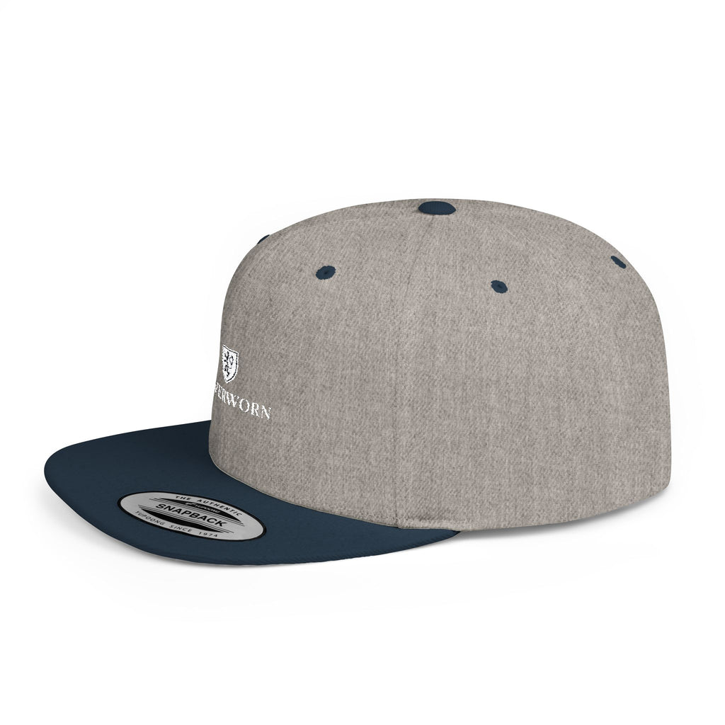 Flat Bill Snapback Hat — Leverworn Crest Embroidered Snapback Printify
