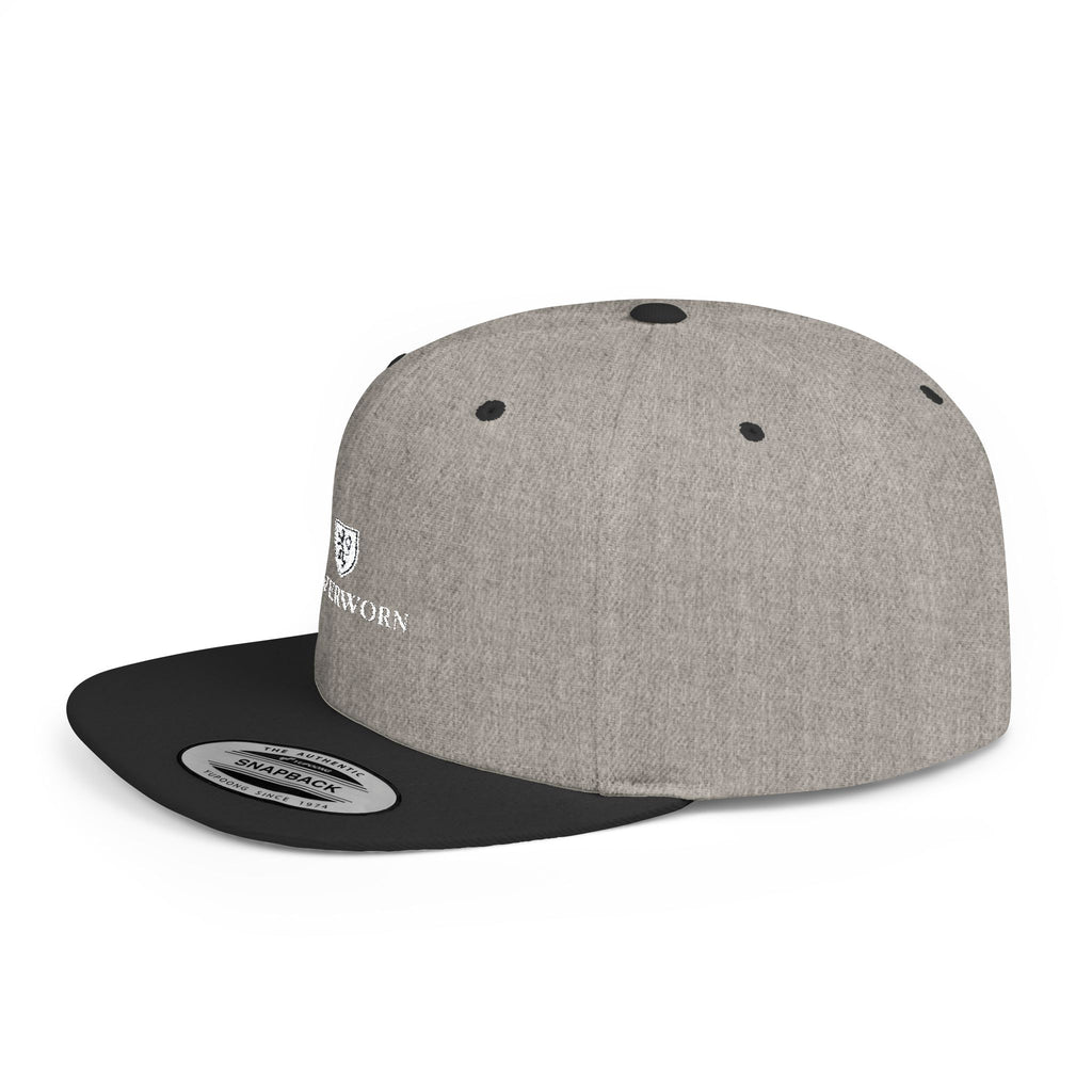 Flat Bill Snapback Hat — Leverworn Crest Embroidered Snapback Printify