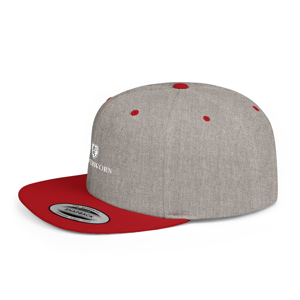 Flat Bill Snapback Hat — Leverworn Crest Embroidered Snapback Printify